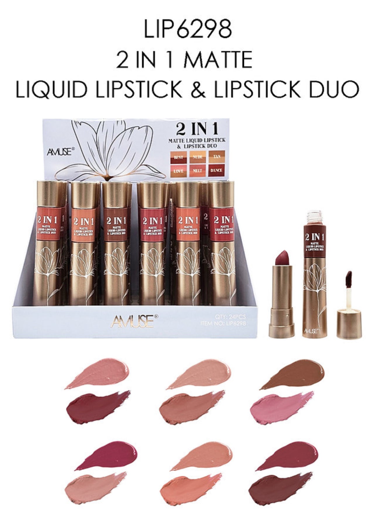 AMUSE - 2 IN 1 MATTE LIQUID LIPSTICK & LIPSTICK DUO - 6 COLORS - DISPLAY (24PC)